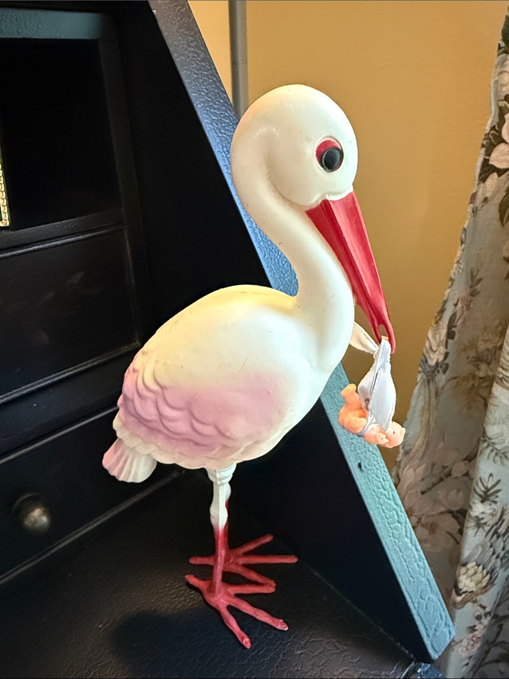 Vintage baby shower White & Pink Stork Figurine with Red Beak as-is